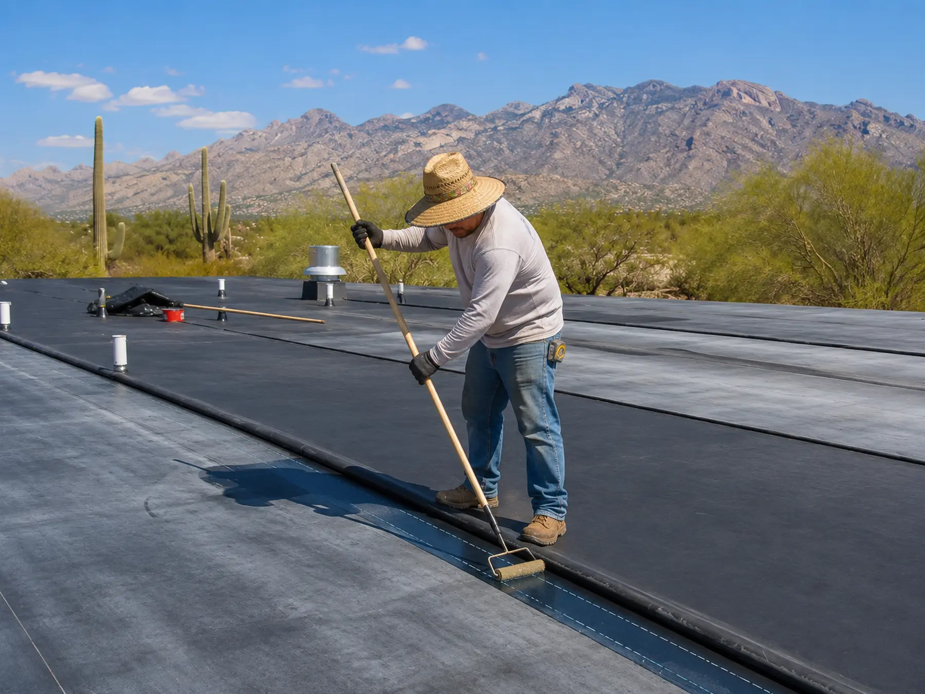 EPDM rubber roofing membrane on a flat commercial roof in Tucson, Arizona