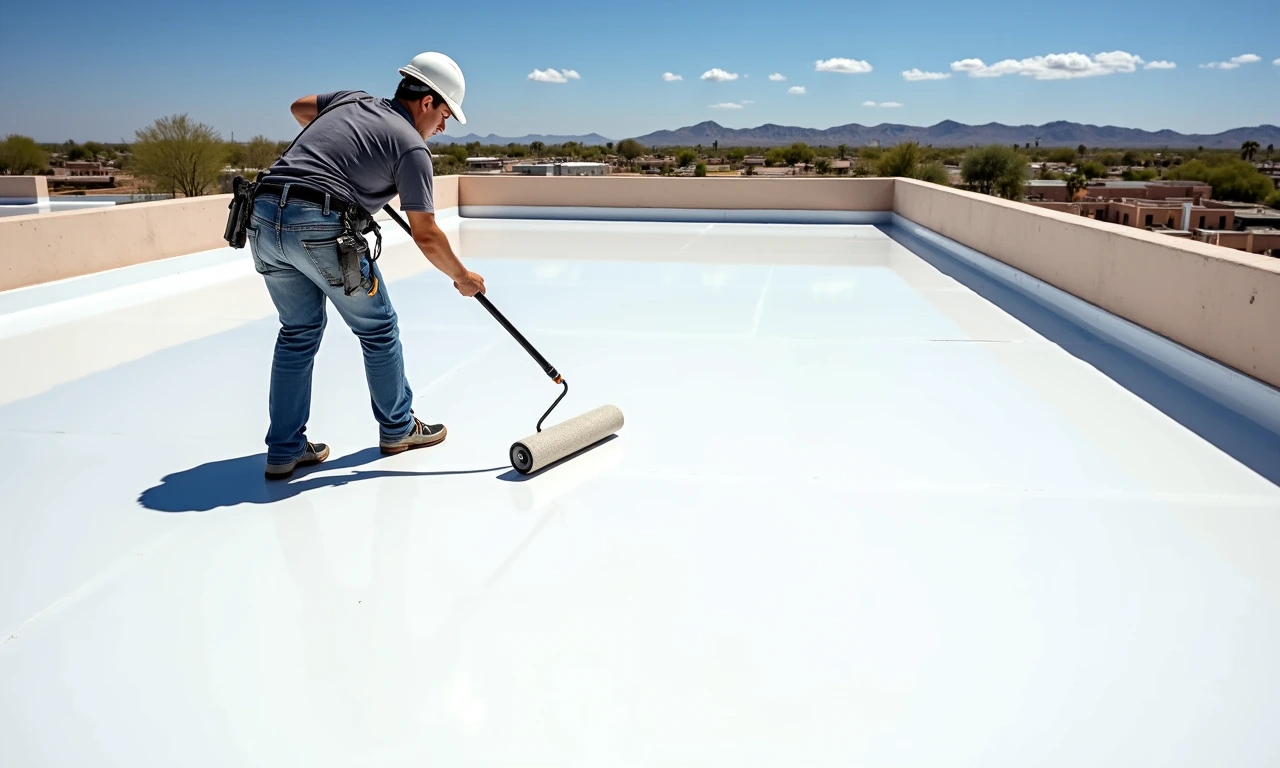 Roof coating application on a flat commercial roof in Tucson, Arizona
