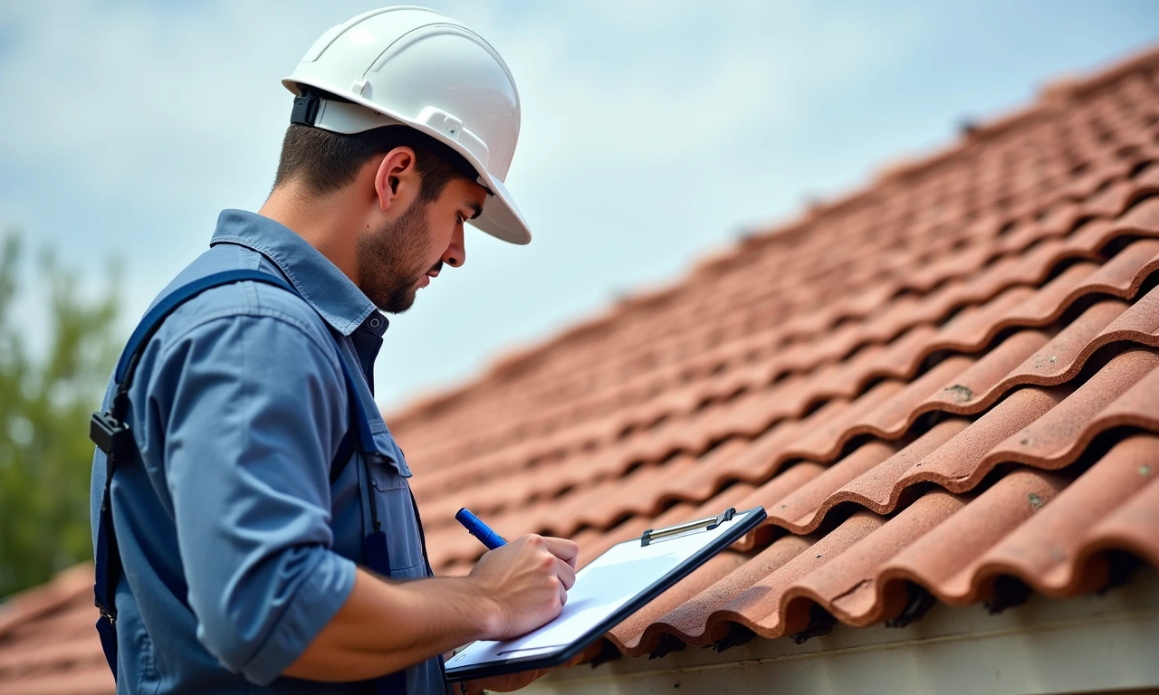Professional roof inspector examining a tile roof in Tucson, Arizona