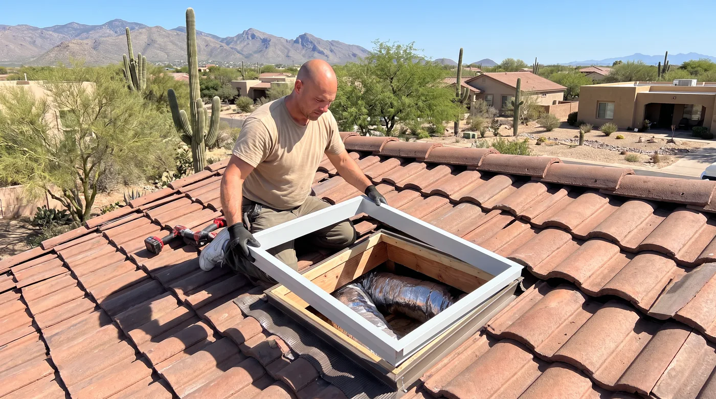 Roofer installing a skylight frame into a clay tile roof in Tucson
