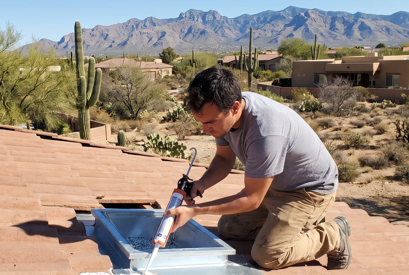 Roofer applying sealant to skylight flashing on a Tucson clay tile roof